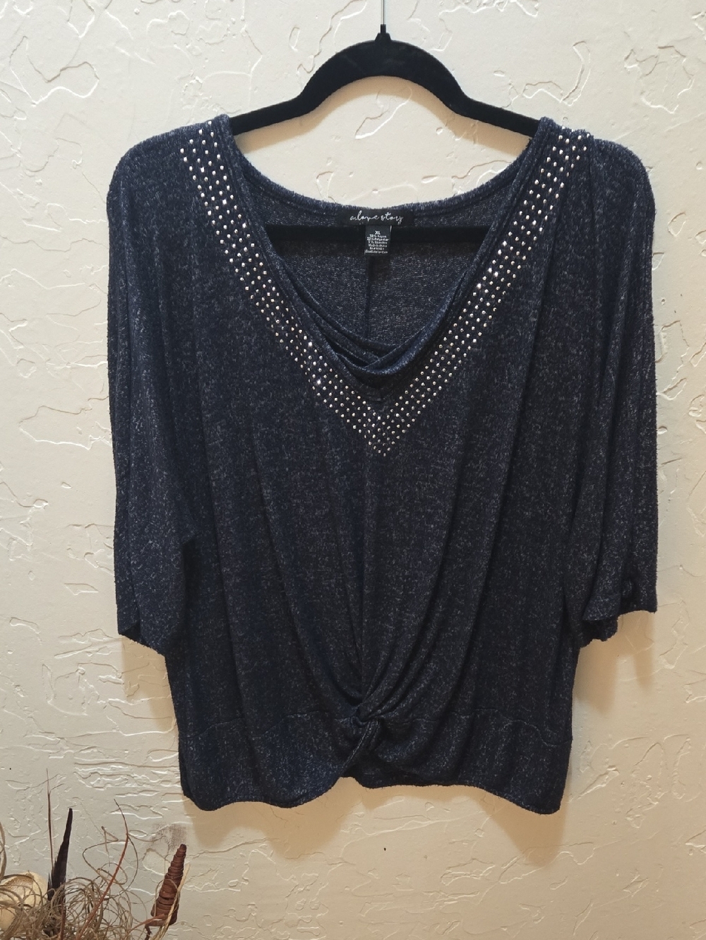 A Love Story Navy  Knot-Front Blouse with Stud Detail